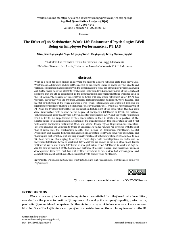 (PDF) The Effect of Job Satisfaction, Work-Life Balance and ...