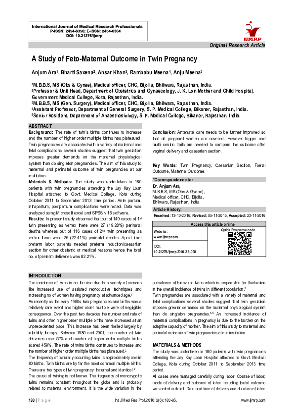 (PDF) A Study of Feto-Maternal Outcome in Twin Pregnancy