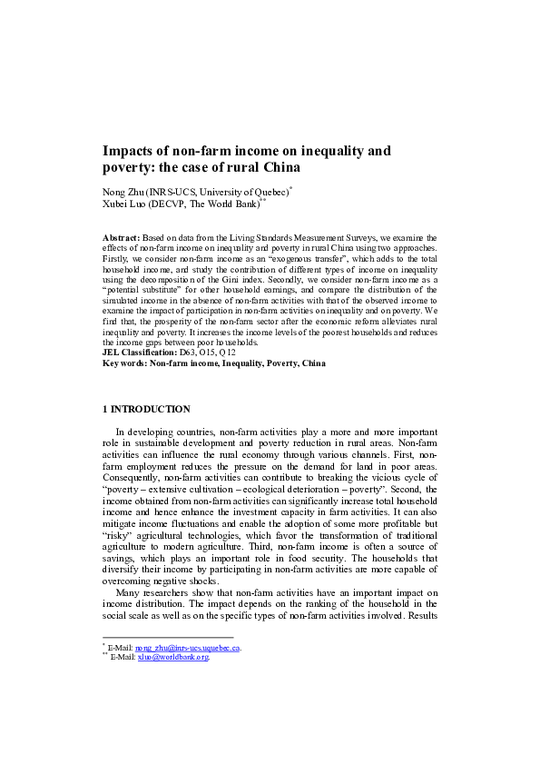 (PDF) Impacts of non-farm income on inequality and poverty: the case of ...