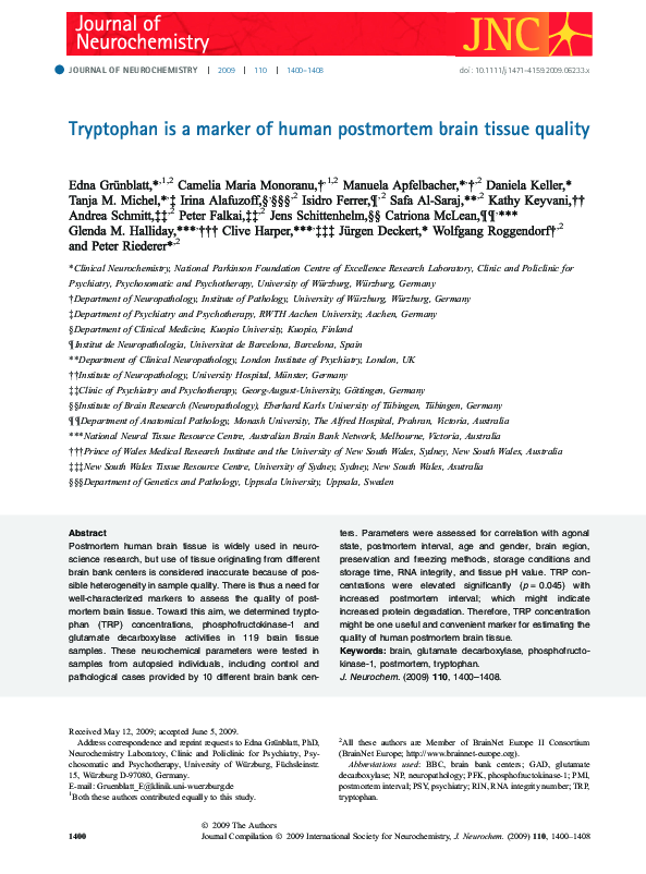 (PDF) Tryptophan is a marker of human postmortem brain tissue quality
