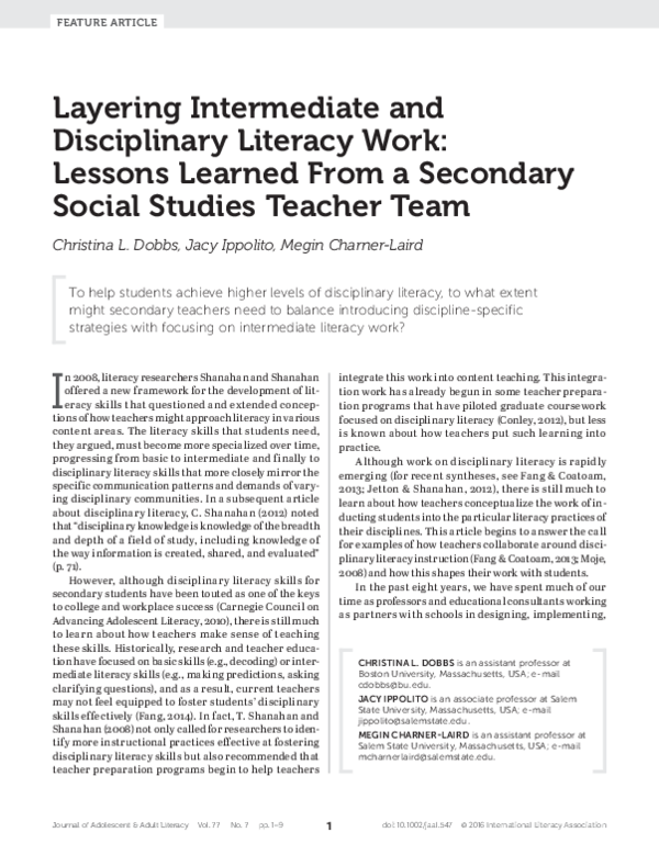 (PDF) Layering Intermediate and Disciplinary Literacy Work: Lessons ...