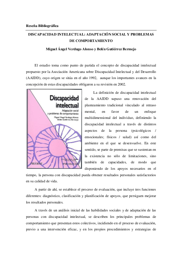 (PDF) Discapacidad intelectual: adaptación social y problemas de ...