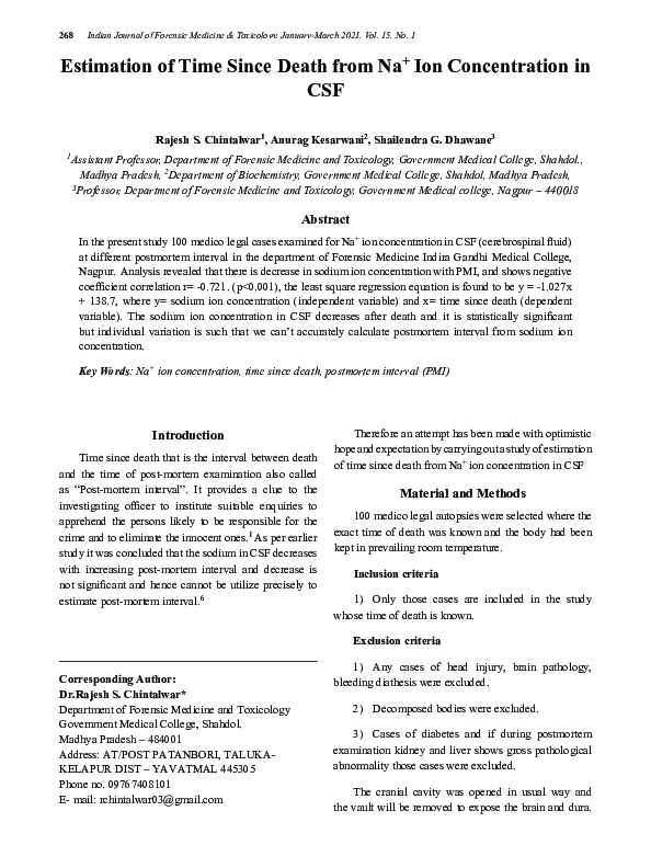 (PDF) Estimation of Time Since Death from Na+ Ion Concentration in CSF