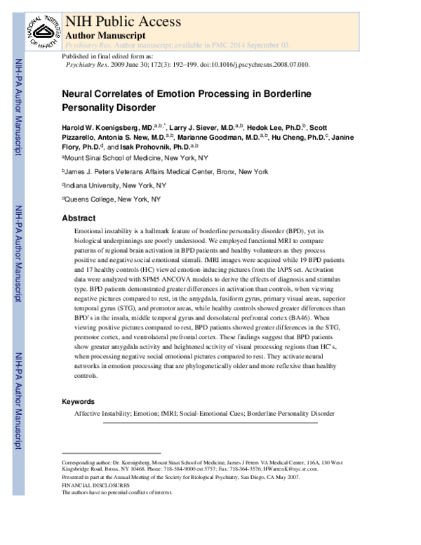 (PDF) Neural correlates of emotion processing in borderline personality ...