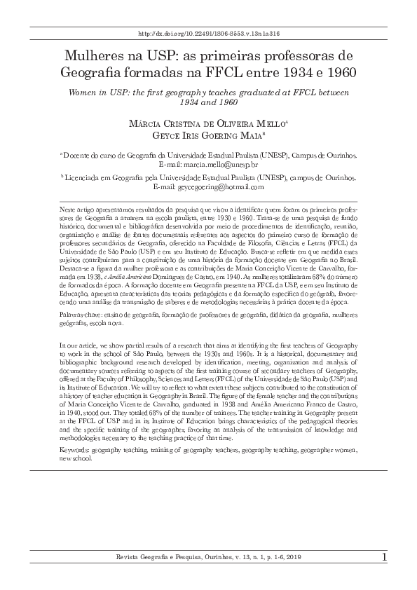 (PDF) Mulheres na USP: as primeiras professoras de Geografia formadas ...