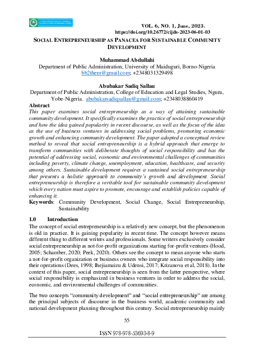 (PDF) SOCIAL ENTREPRENEURSHIP AS PANACEA FOR SUSTAINABLE COMMUNITY ...