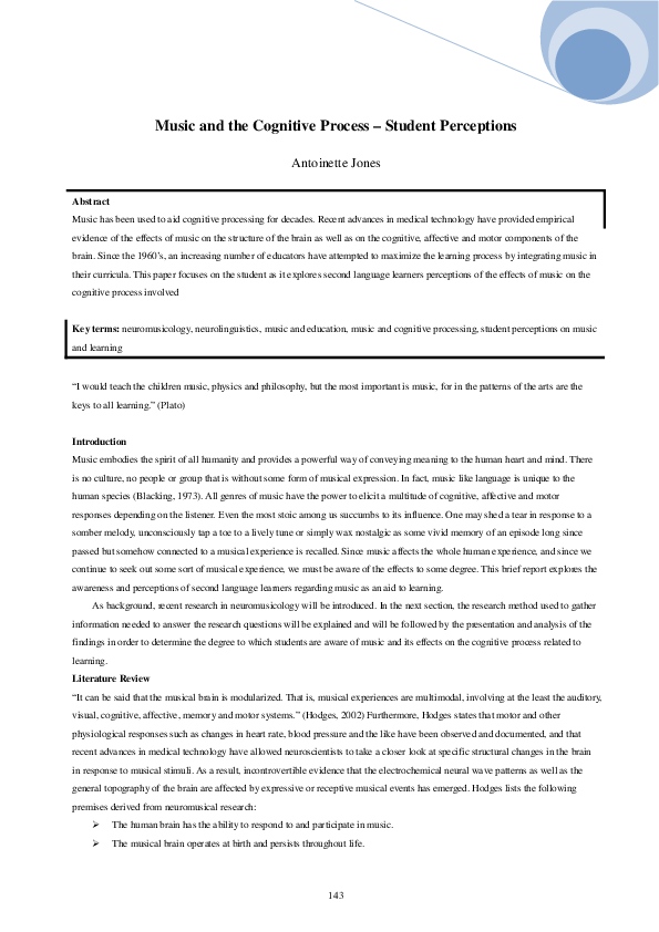 (PDF) Music and the Cognitive Process – Student Perceptions