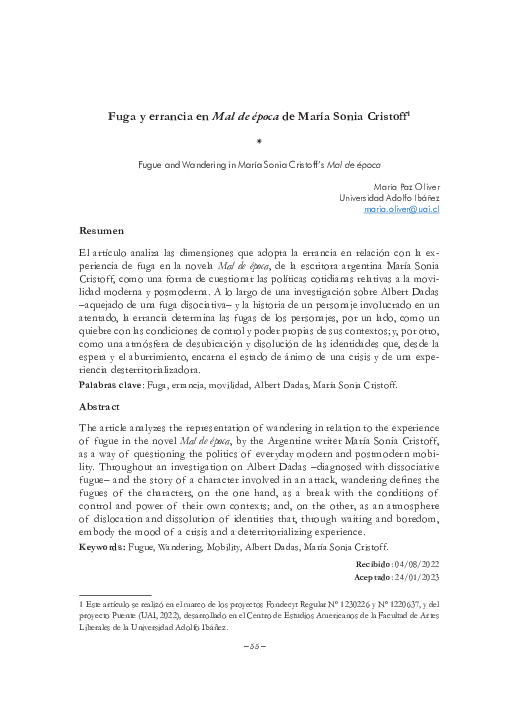 (PDF) Fuga y errancia en Mal de época de María Sonia Cristoff