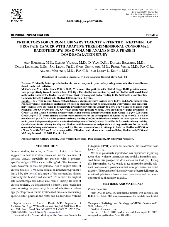 (PDF) Predictors for Chronic Urinary Toxicity After the Treatment of ...