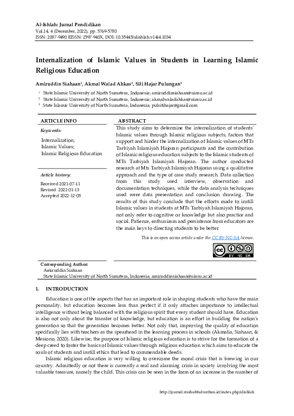 (PDF) Internalization of Islamic Values in Students in Learning Islamic ...