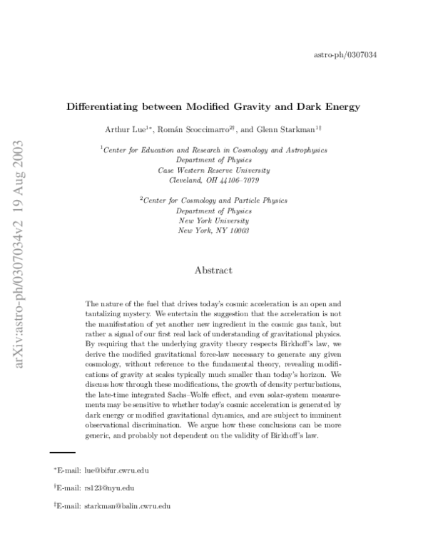 (PDF) Differentiating between modified gravity and dark energy
