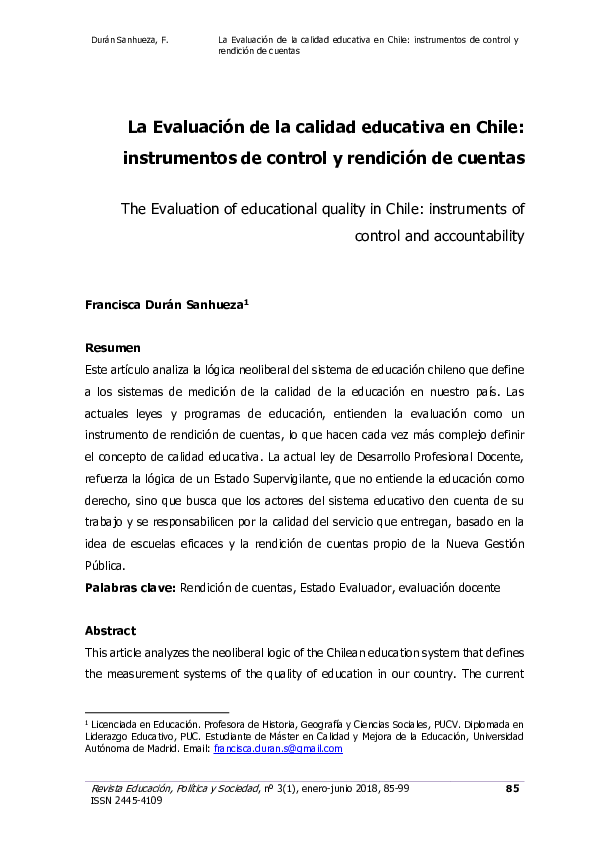 (PDF) La Evaluación de la calidad educativa en Chile: instrumentos de ...