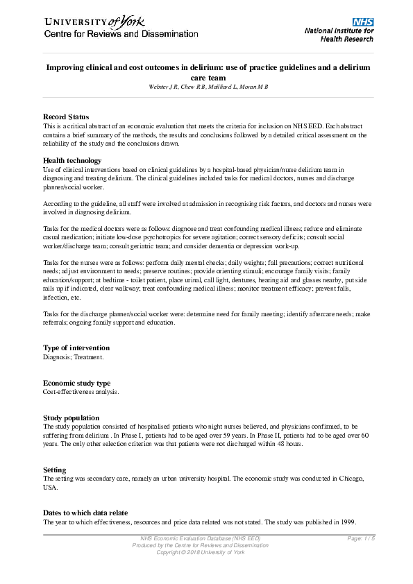 (PDF) Improving clinical and cost outcomes in delirium: use of practice ...