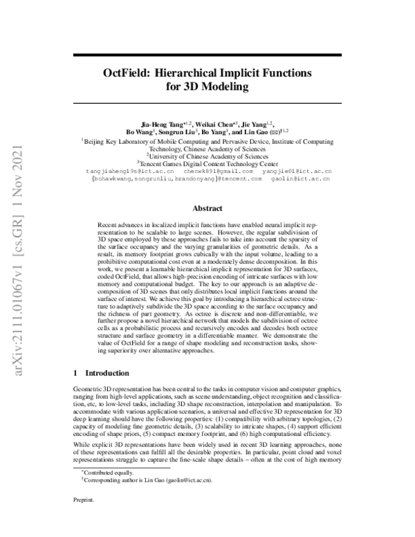 (PDF) OctField: Hierarchical Implicit Functions for 3D Modeling