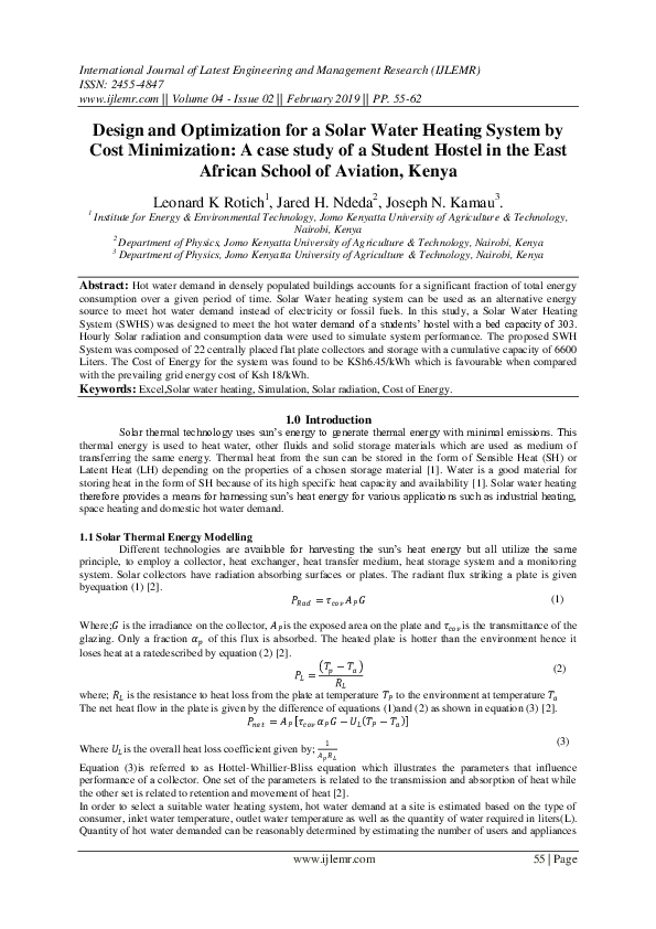 (PDF) Design and Optimization for a Solar Water Heating System by Cost ...