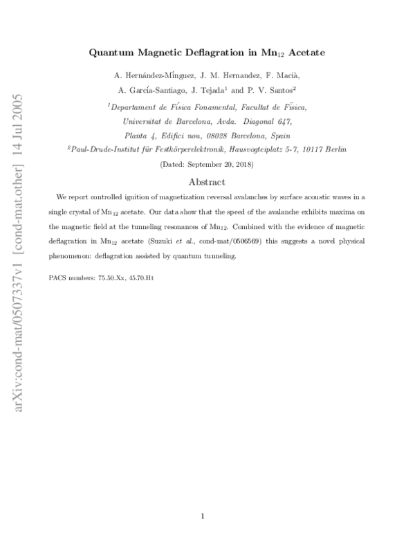 (PDF) Quantum Magnetic Deflagration inMn12Acetate