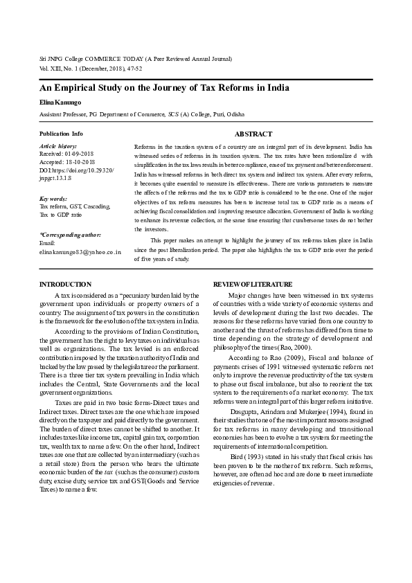 An Empirical Study on the Journey of Tax Reforms in India