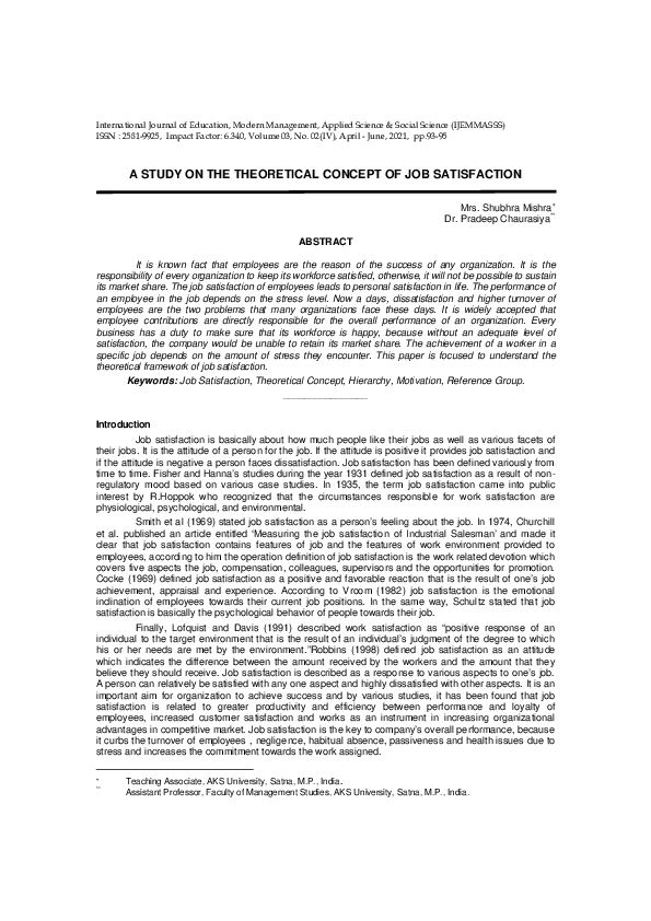 (PDF) A STUDY ON THE THEORETICAL CONCEPT OF JOB SATISFACTION