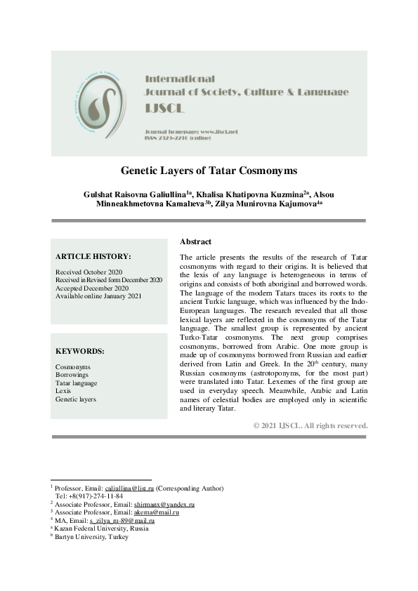 (PDF) Genetic Layers of Tatar Cosmonyms