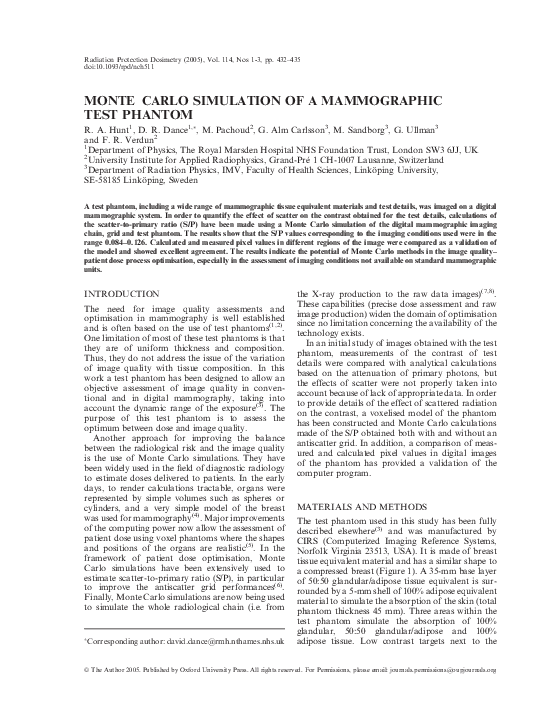 Pdf Monte Carlo Simulation Of A Mammographic Test Phantom