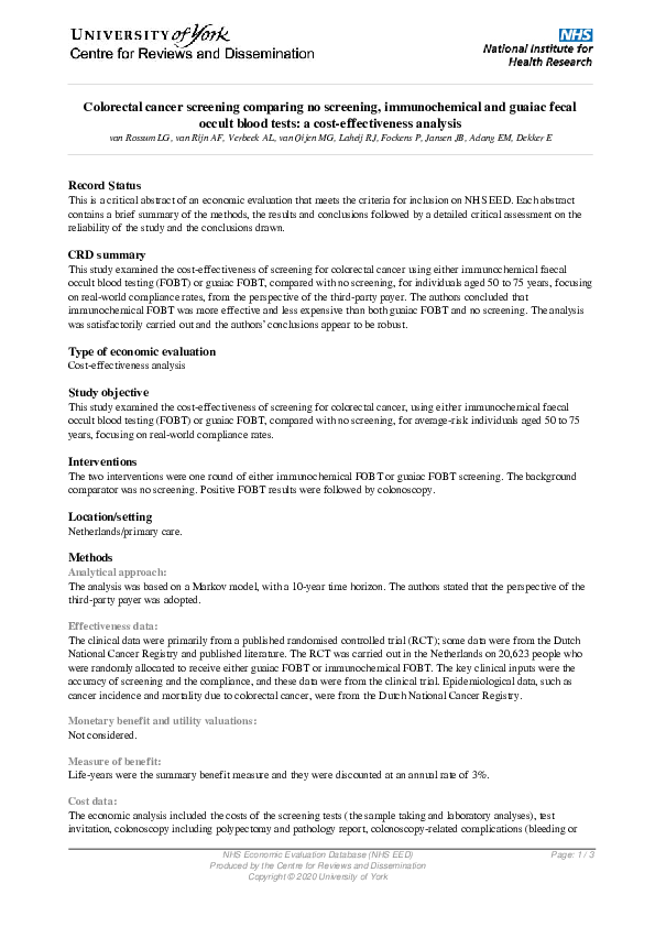 (PDF) Colorectal cancer screening comparing no screening ...