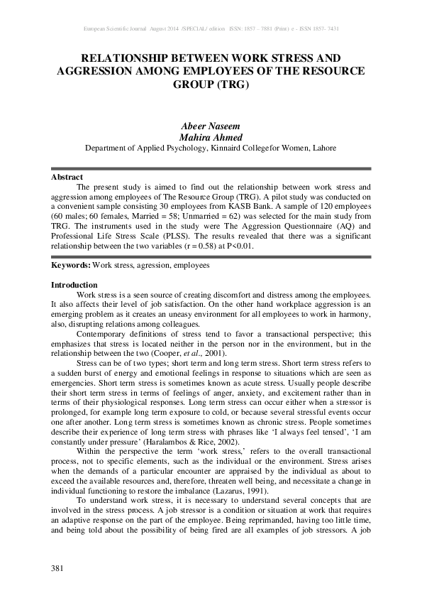 (PDF) Relationship Between Work Stress and Aggression Among Employees