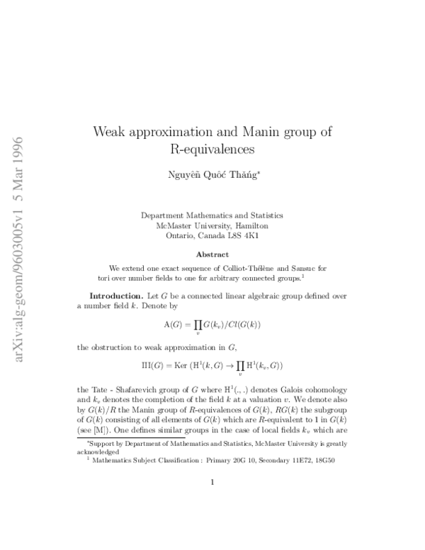 (PDF) Weak approximation and Manin group of R-equivalences