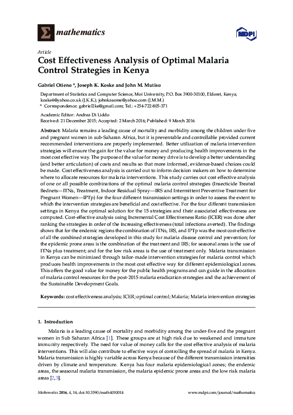 (PDF) Cost Effectiveness Analysis of Optimal Malaria Control Strategies ...