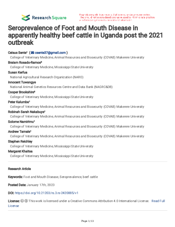 (PDF) Seroprevalence of Foot and Mouth Disease in apparently healthy ...