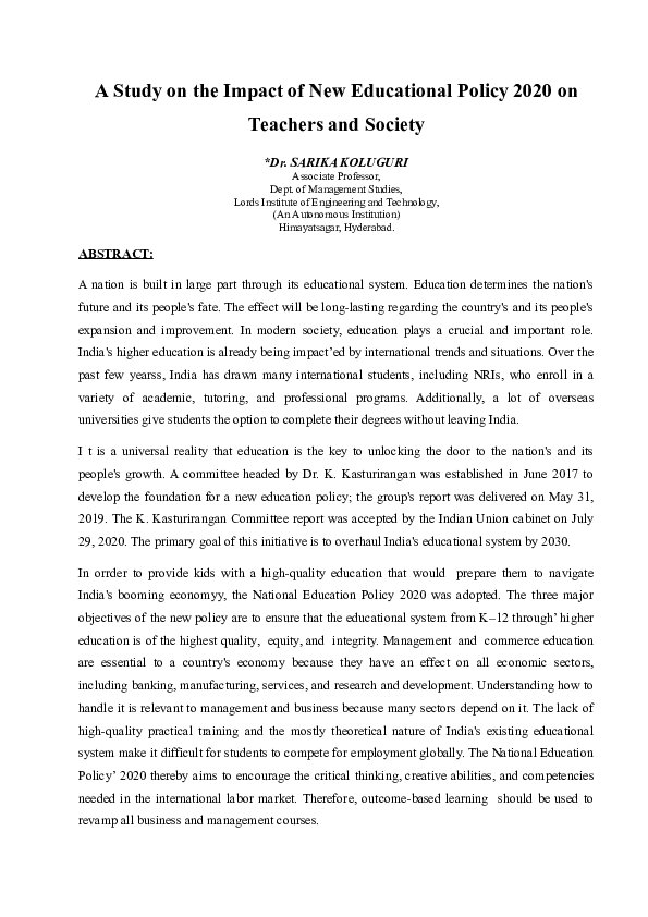 (DOC) A Study on the Impact of New Educational Policy 2020 on Teachers ...