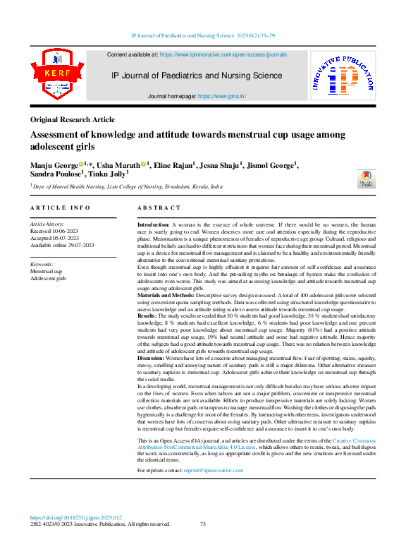 (PDF) Assessment of knowledge and attitude towards menstrual cup usage ...