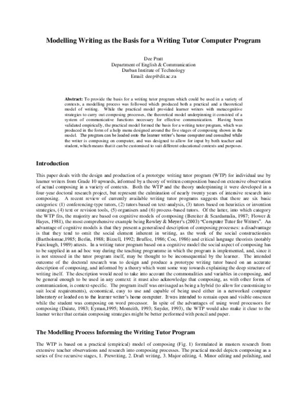 (PDF) Pratt 2005 - Modelling Writing as the Basis for a Writing Tutor ...