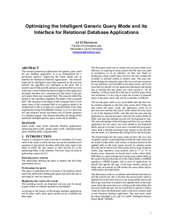 (PDF) Optimizing the Intelligent Generic Query Mode and its Interface ...