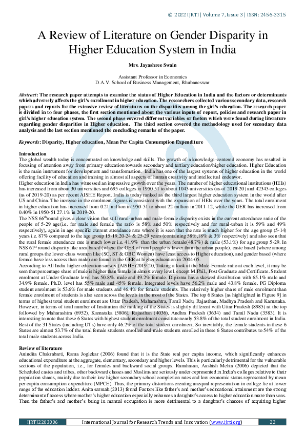 (PDF) A Review of Literature on Gender Disparity in Higher Education ...