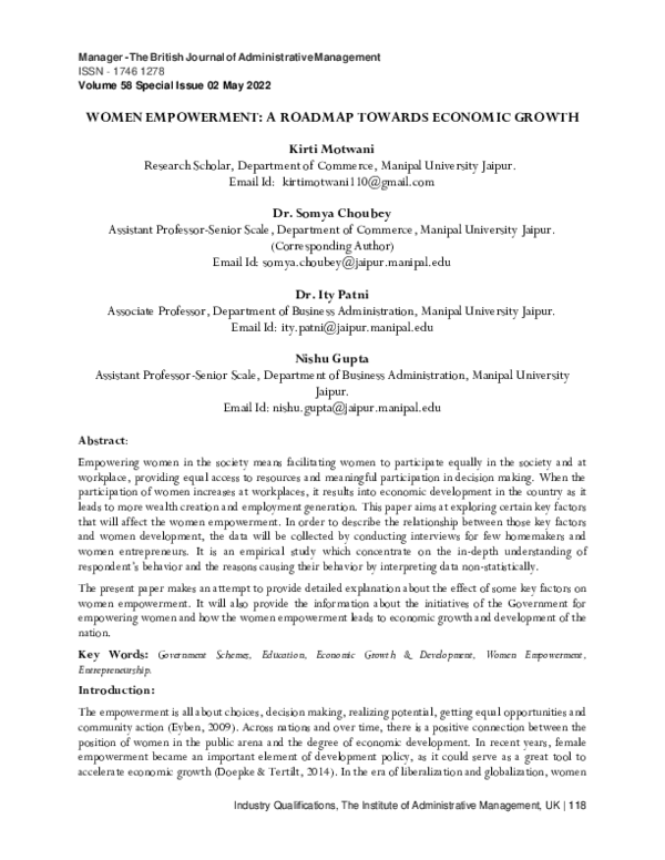 (PDF) WOMEN EMPOWERMENT: A ROADMAP TOWARDS ECONOMIC GROWTH