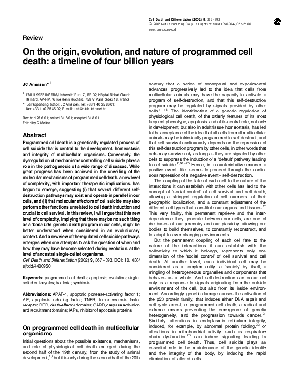 (PDF) On the origin, evolution, and nature of programmed cell death: a ...