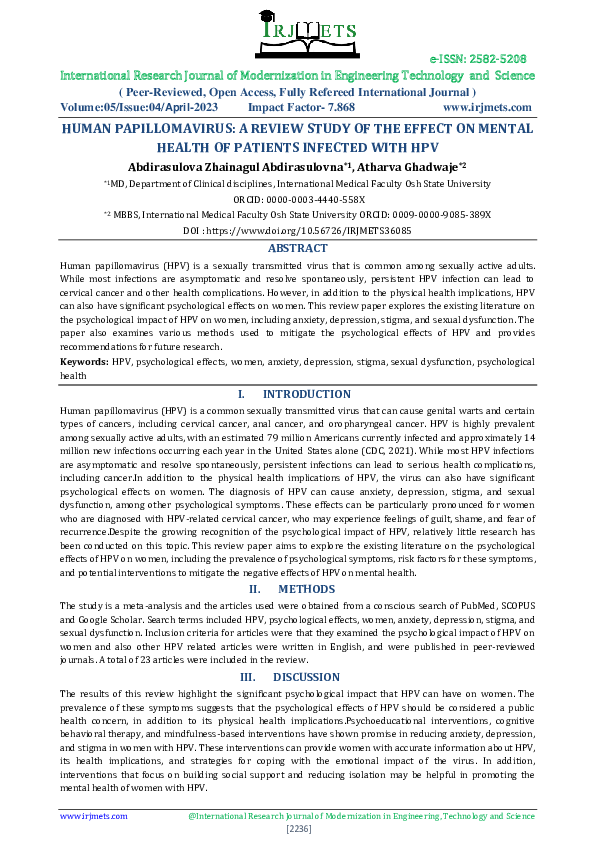 (PDF) Human Papillomavirus: A Review Study of the Effect on Mental ...