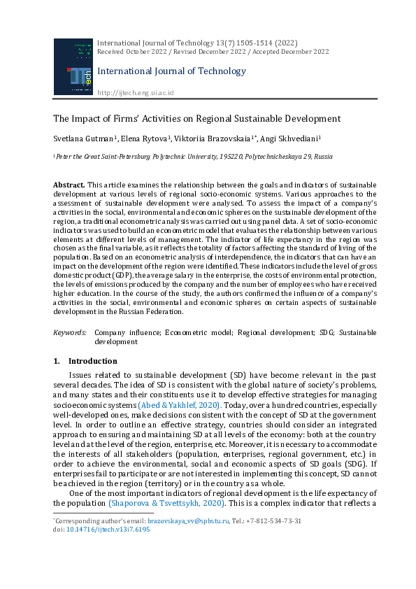 (PDF) The Impact of Firms’ Activities on Regional Sustainable Development