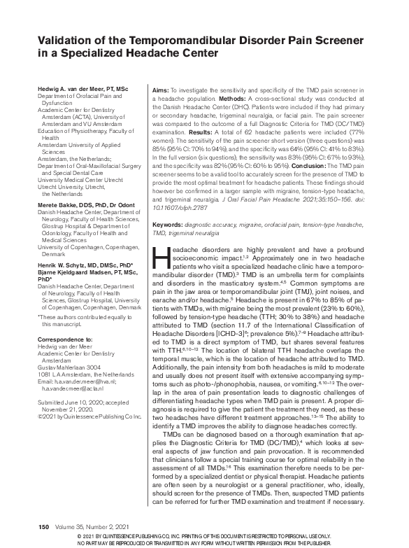 (PDF) Validation of the Temporomandibular Disorder Pain Screener in a ...