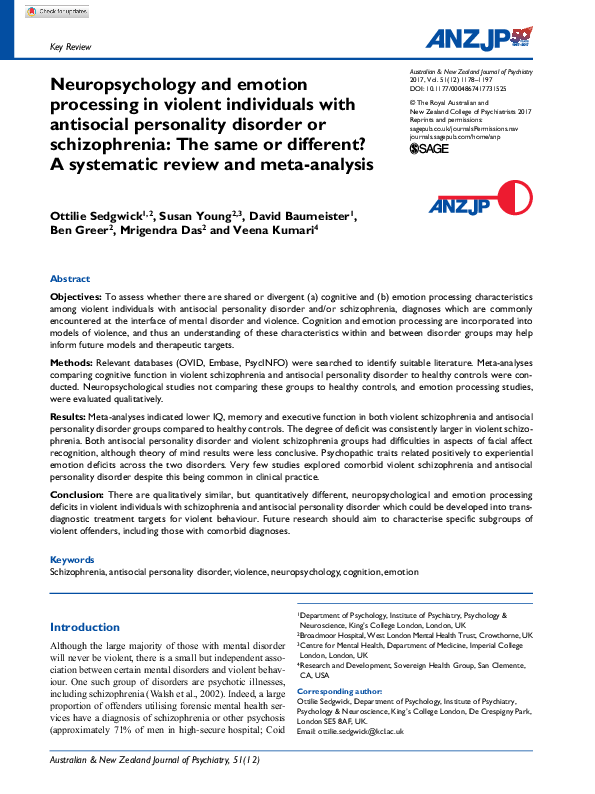 (PDF) Neuropsychology and emotion processing in violent individuals ...