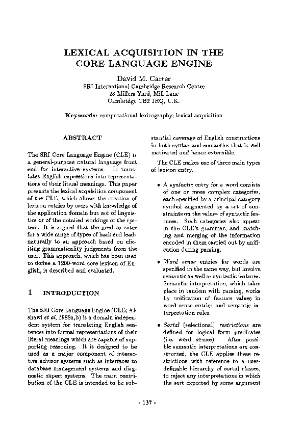 (PDF) Lexical acquisition in the Core Language Engine