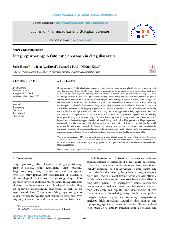 (PDF) Drug repurposing: A futuristic approach in drug discovery