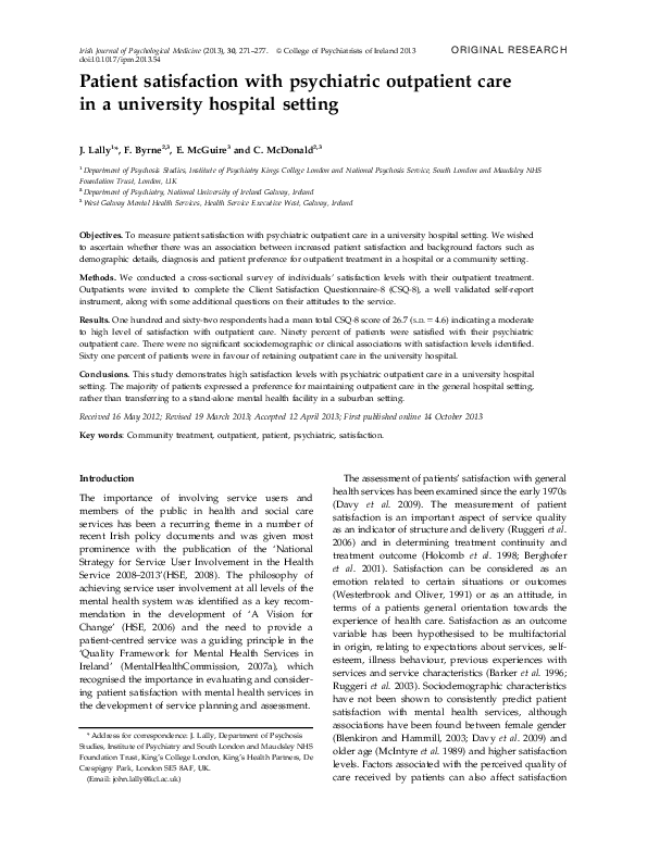 (PDF) Patient satisfaction with psychiatric outpatient care in a ...