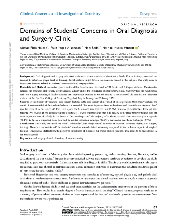 (PDF) Domains of Students' Concerns in Oral Diagnosis and Surgery Clinic