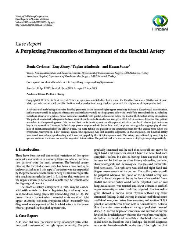 (PDF) A Perplexing Presentation of Entrapment of the Brachial Artery