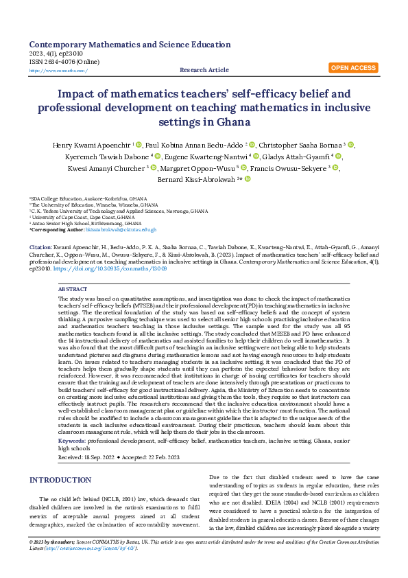 (PDF) Impact of mathematics teachers’ self-efficacy belief and ...