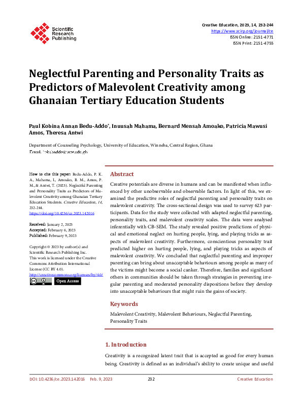 (PDF) Neglectful Parenting and Personality Traits as Predictors of ...