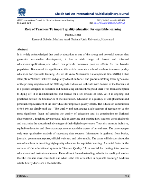 (PDF) Role of Teachers To impart quality education for equitable learning