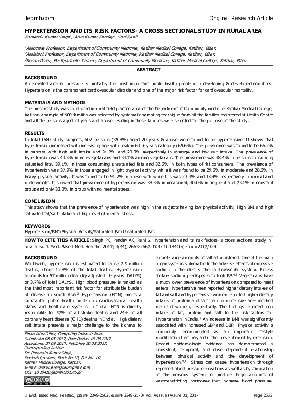 (PDF) Hypertension and Its Risk Factors- a Cross Sectional Study in ...
