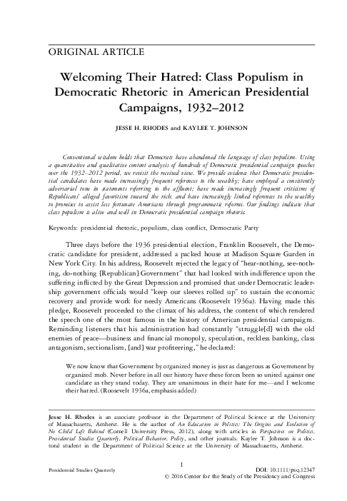 (PDF) Welcoming Their Hatred: Class Populism in Democratic Rhetoric in ...